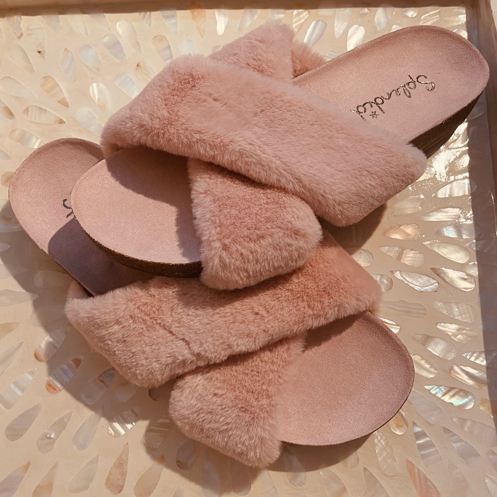 Splendid Roxanne Slides Faux Fur Sandals Crisscross Criss Cross - Picture 4 of 10